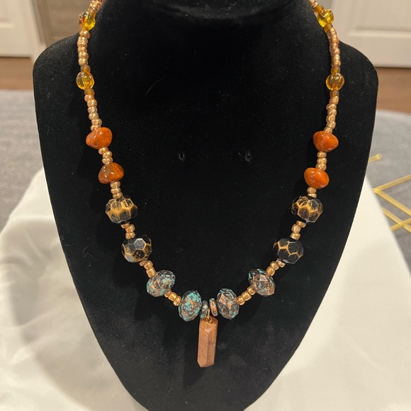 Orange and Gold Beaded Necklace with Pendant
